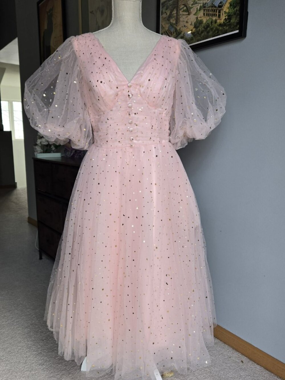 Starry Pink Tulle Prom Dress Special Occasion V-Neck Puff Sleeves Size 12US